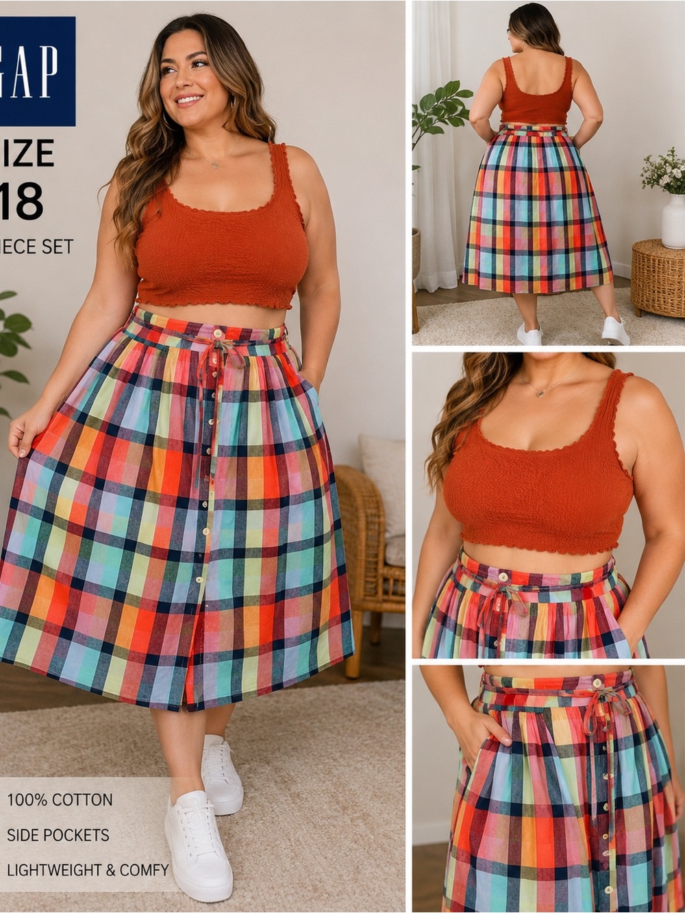 GAP Multicolor Plaid Midi Skirt with Red Accent
